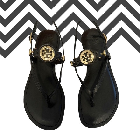 TORY BURCH ALI Anteka NEW BOX THONG FLAT SHOES SUMER BLACK GOLD LOGO LEATHER 8.5 - Picture 2 of 10
